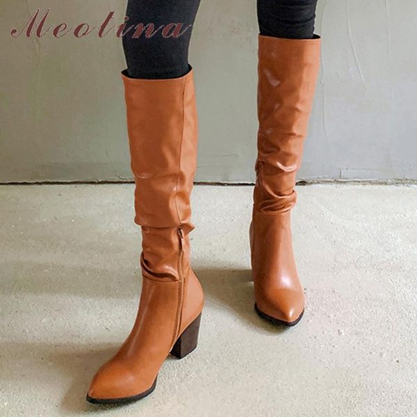 meotina long boots women shoes pleated high heel knee-high boots pointed toe block heels zip ladies boot winter brown size 46, Black
meotina long boots women shoes pleated high heel knee-high boots pointed toe block heels zip ladies boot winter brown size 46, Black