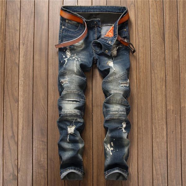 new men's jeans ripped biker jeans designer men streetwear distressed stretch denim, Blue
new men's jeans ripped biker jeans designer men streetwear distressed stretch denim, Blue