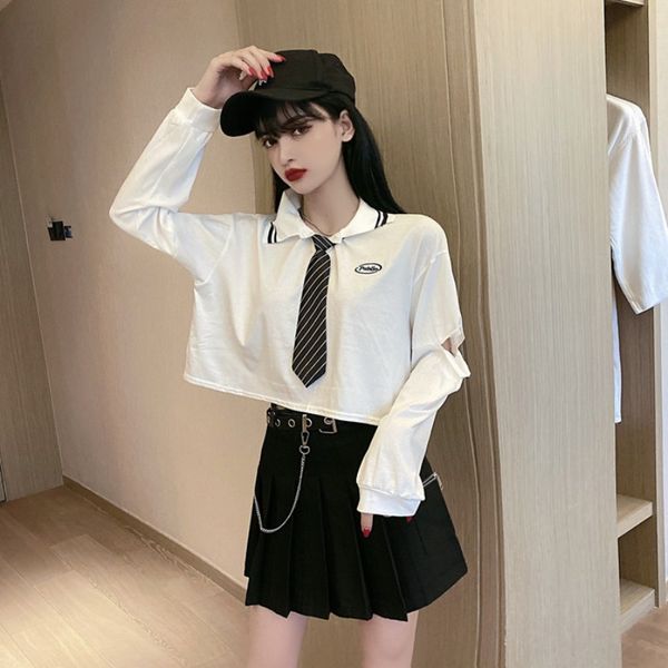 korean-style college style small western style ripped tie polo collar t-shirt chain pleated skirt two-piece suit womens fashion, White
korean-style college style small western style ripped tie polo collar t-shirt chain pleated skirt two-piece suit womens fashion, White