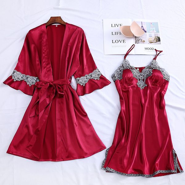 women's sleepwear 2021 female pajama sets woman satin embroidery nightgown lace home wear elegant with chest pads, Black;red
women's sleepwear 2021 female pajama sets woman satin embroidery nightgown lace home wear elegant with chest pads, Black;red