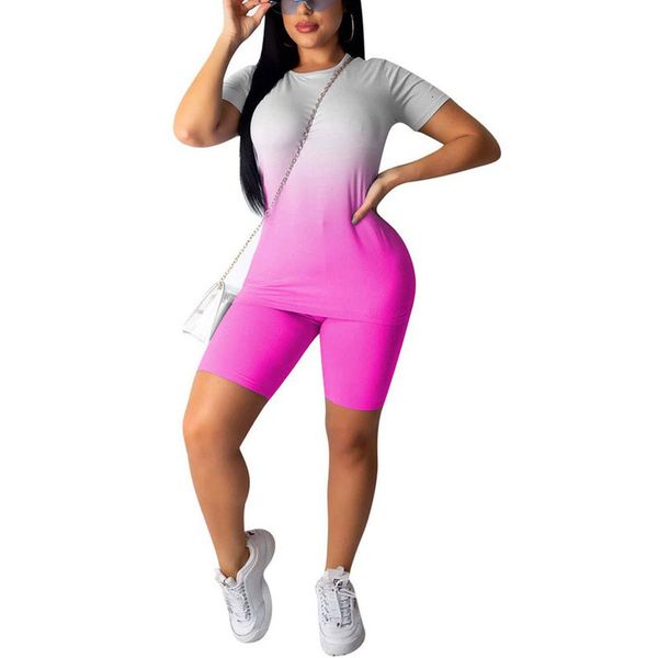 2021 women 2pcs sport set gradient pattern short sleeve round neck slim high waist elastic band short pants tracksuit set, Gray
2021 women 2pcs sport set gradient pattern short sleeve round neck slim high waist elastic band short pants tracksuit set, Gray