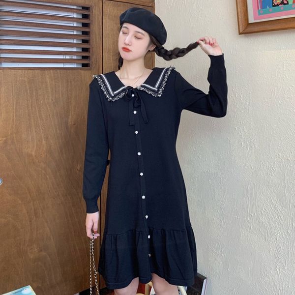 2020 new hong kong style college style doll collar lace-up knitted small black dress loose slimming all-match dress women, White;black
2020 new hong kong style college style doll collar lace-up knitted small black dress loose slimming all-match dress women, White;black