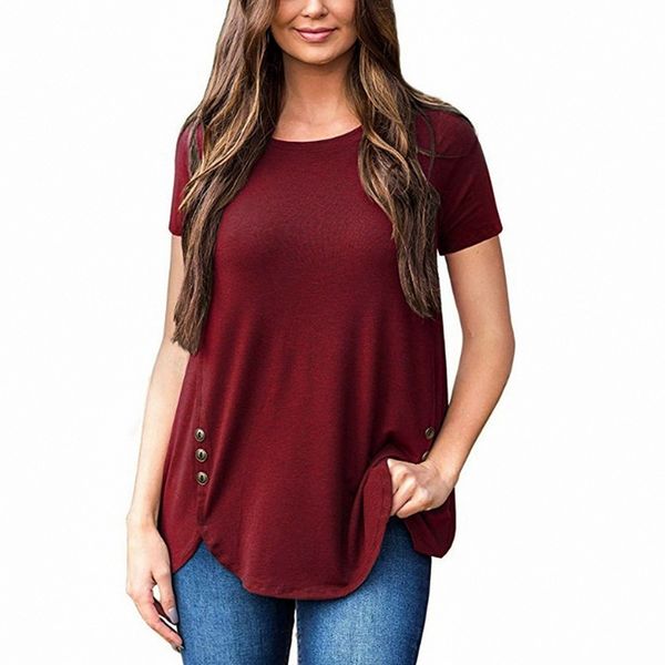 women's summer round neck button loose casual short sleeve wine red size, White
women's summer round neck button loose casual short sleeve wine red size, White