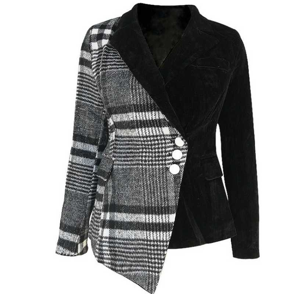 women's suits & blazers velvet stitching plaid blazer women long sleeve asymmetrical spring autumn suit jacket plus size 2xl, White;black
women's suits & blazers velvet stitching plaid blazer women long sleeve asymmetrical spring autumn suit jacket plus size 2xl, White;black