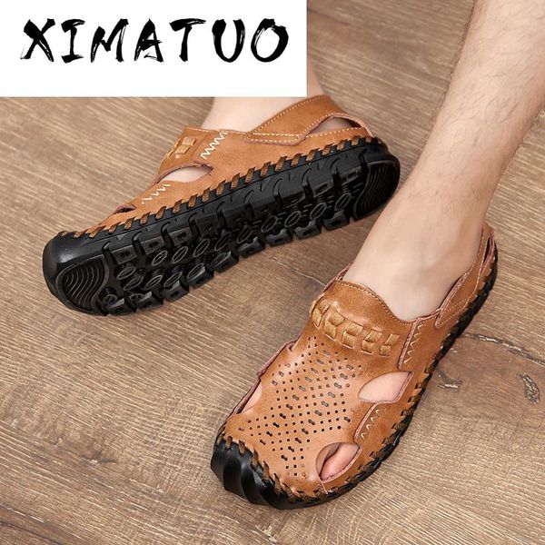 cow split leather sandals men shoes mens sandles summer slippers garden shoes men new 2020 sandalias hombre, Black