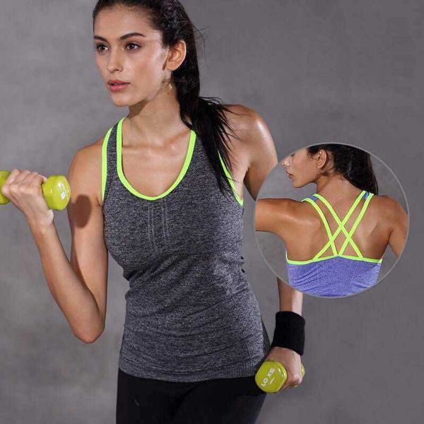 

women gym sports tank with chest pads t shirt yoga workout vest fitness training exercise running clothing compress tee e54, Black;blue