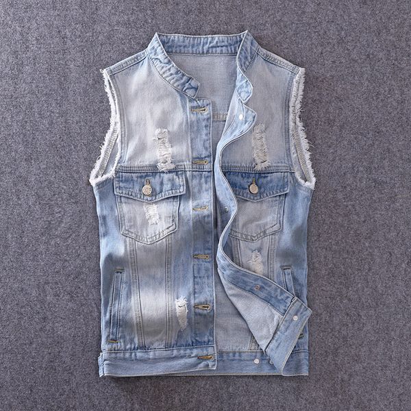 2020 slim men's ripped denim waistcoat youth light collar denim vest fashion, Black;white
2020 slim men's ripped denim waistcoat youth light collar denim vest fashion, Black;white