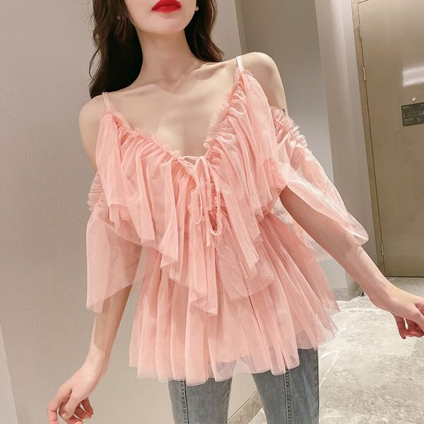 v neck summer women blouse spaghetti strap shirt off shoulder peplum vintage ruffle female mesh backless beach blouse, White
v neck summer women blouse spaghetti strap shirt off shoulder peplum vintage ruffle female mesh backless beach blouse, White