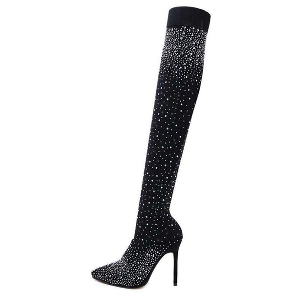 women crystal stretch fabric sock boots pointy toe over the knee thigh high high heel fashionable comfortable long booties, Black
women crystal stretch fabric sock boots pointy toe over the knee thigh high high heel fashionable comfortable long booties, Black