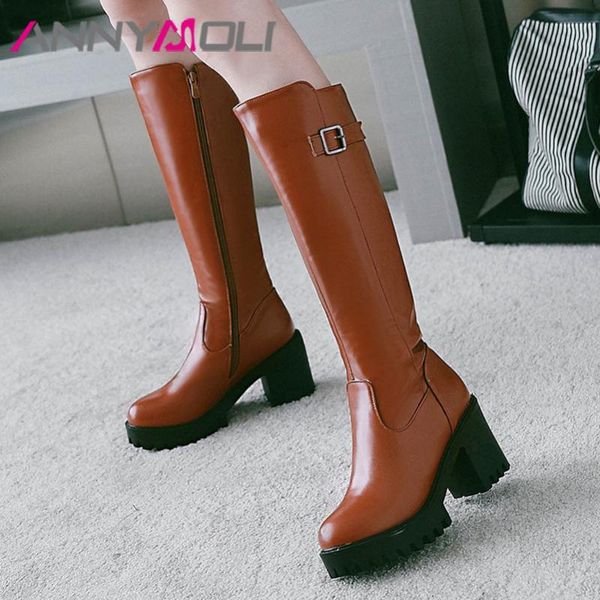 annymoli пряжка платформы высокой пятки сапоги lady knee-high boots женская обувь zip block heels long winter white black brown 45