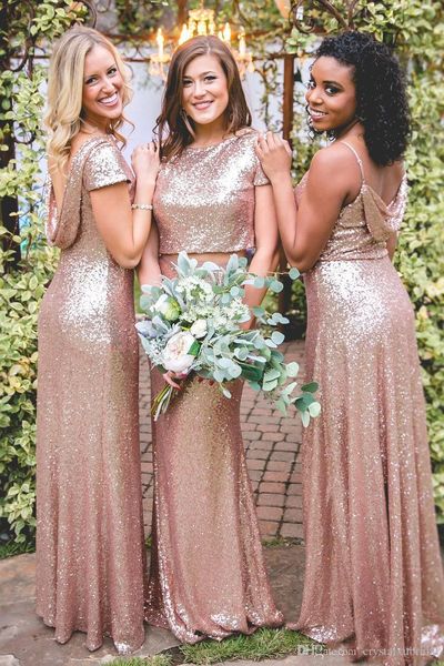 sparkly bridesmaid dresses rose gold sequins mermaid two pieces backless country beach party dresses wedding guest dress, White;pink 
sparkly bridesmaid dresses rose gold sequins mermaid two pieces backless country beach party dresses wedding guest dress, White;pink