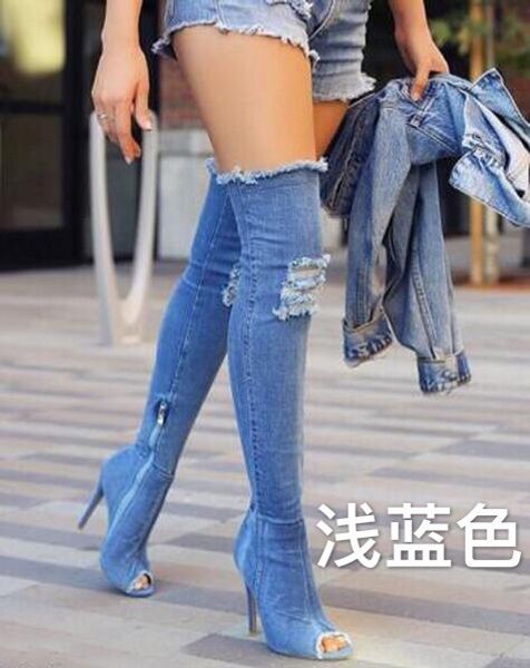 and american high heel long tube denim cool boots slim heel fish mouth over knee water washed elastic boots large, Black
and american high heel long tube denim cool boots slim heel fish mouth over knee water washed elastic boots large, Black