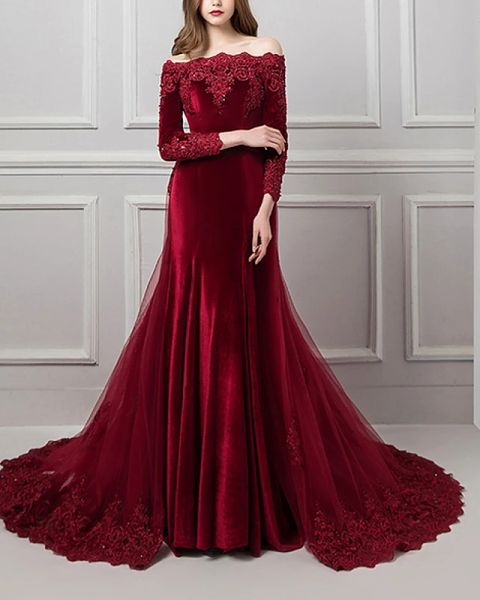 mermaid / trumpet beautiful back red engagement formal evening dress off shoulder long sleeve chapel train polyester with overskirt applique, Black;red
mermaid / trumpet beautiful back red engagement formal evening dress off shoulder long sleeve chapel train polyester with overskirt applique, Black;red