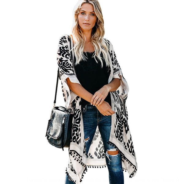 shawl beach coat printed small fur ball trimmed blouse mid-length coat cardigan 5278, Black