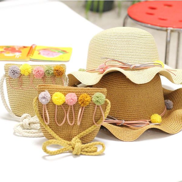 children's straw hat colorful ball wavy edge summer girl's outing versatile beach e large brim straw hat bag case, Yellow
children's straw hat colorful ball wavy edge summer girl's outing versatile beach e large brim straw hat bag case, Yellow