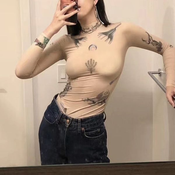 women's t-shirt 5.4 2021 summer women letter print pattern decoration elastane turtleneck long sleeve slim, White 
women's t-shirt 5.4 2021 summer women letter print pattern decoration elastane turtleneck long sleeve slim, White