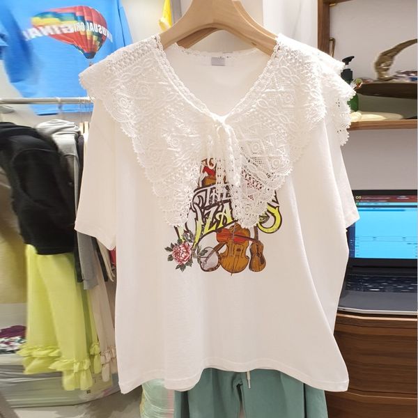 korean dongdaemun women's new t-shirt lace lace lapel printed short-sleeved loose t-shirt summer female student western style top, White
korean dongdaemun women's new t-shirt lace lace lapel printed short-sleeved loose t-shirt summer female student western style top, White