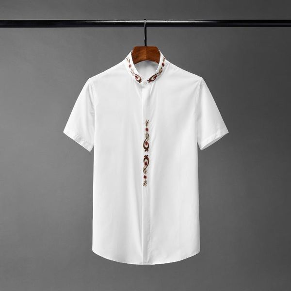 new stand collar mens shirts luxury embroidery short sleeve summer male shirts plus size 4xl fashion slim fit man, White;black
new stand collar mens shirts luxury embroidery short sleeve summer male shirts plus size 4xl fashion slim fit man, White;black