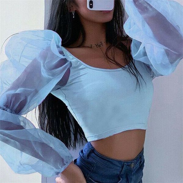 women summer puff long sleeve blouse fashion strappy slim crop clubwear solid sheer organza clothes girls, White
women summer puff long sleeve blouse fashion strappy slim crop clubwear solid sheer organza clothes girls, White