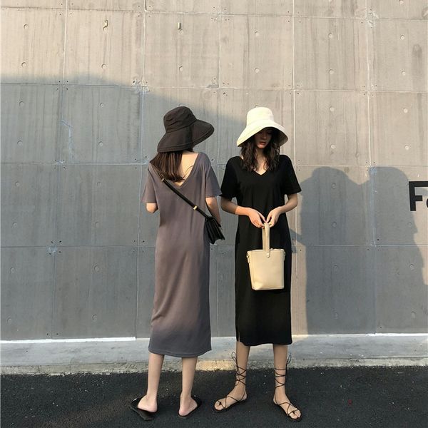 summer new t-shirt dress women's simple casual loose short v-neck open back split mid-length skirt one-step skirt, Black;gray
summer new t-shirt dress women's simple casual loose short v-neck open back split mid-length skirt one-step skirt, Black;gray