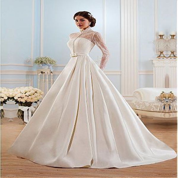 2020 glamorous satin high collar neckline a-line wedding dress see through long sleeve court train bridal gowns vestido de noiva, White
2020 glamorous satin high collar neckline a-line wedding dress see through long sleeve court train bridal gowns vestido de noiva, White