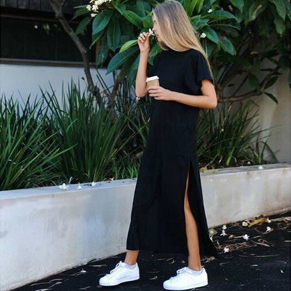 summer korean style midi dress women casual black long dresses plus size short sleeve side open party maxi t shirt, Black;gray
summer korean style midi dress women casual black long dresses plus size short sleeve side open party maxi t shirt, Black;gray