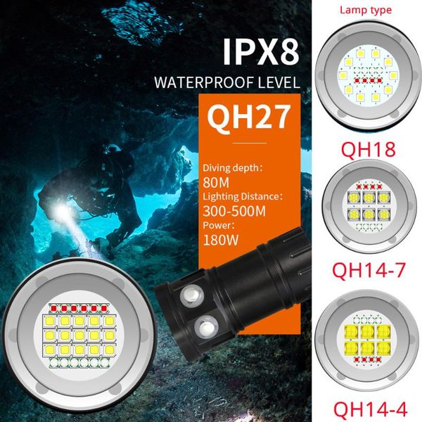 15000lm Diving Ultra Bright Pgraphy White Blue Red Lamp Scuba Waterproof Underwater 80m Led Dive Torch Light Qh18