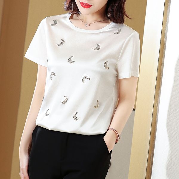 women's short-sleeved printed mulberry silk 2020 new loose fashion silk round t-shirt neck t-shirt for women, White
women's short-sleeved printed mulberry silk 2020 new loose fashion silk round t-shirt neck t-shirt for women, White