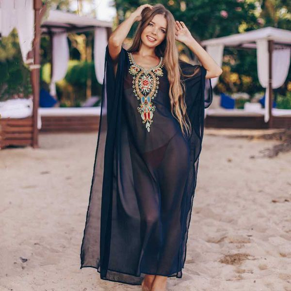 2020 bohemian black embroidered summer beachwear chiffon kaftan beach woman tunic bath dress robe plage swim wear cover up q960, White;black
2020 bohemian black embroidered summer beachwear chiffon kaftan beach woman tunic bath dress robe plage swim wear cover up q960, White;black