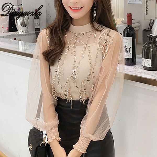dingaozlz spring aummer new korean two-piece sequined tassel shirt gauze lantern sleeve women blouse perspective, White
dingaozlz spring aummer new korean two-piece sequined tassel shirt gauze lantern sleeve women blouse perspective, White