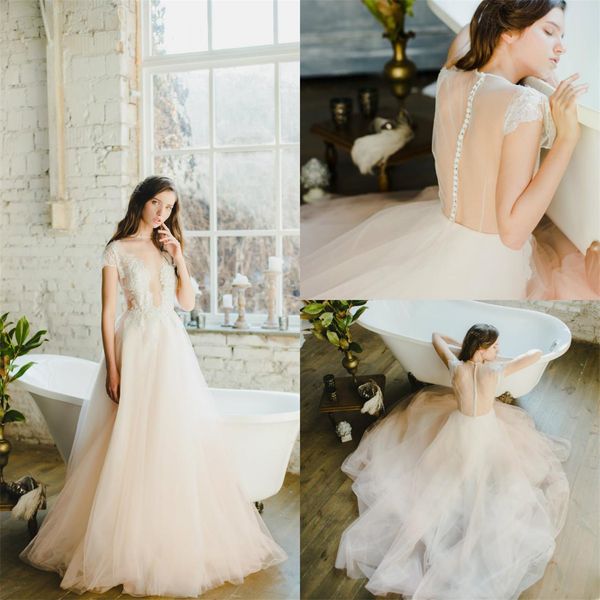 2020 fariy wedding dresses sheer v neck a line lace and tulle sweep train beach wedding dress backless bridal gown wedding dress, White
2020 fariy wedding dresses sheer v neck a line lace and tulle sweep train beach wedding dress backless bridal gown wedding dress, White