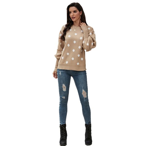 women's sweaters women wardrobe casual knit sweater polka dot round neck lantern long sleeve pullover, White;black 
women's sweaters women wardrobe casual knit sweater polka dot round neck lantern long sleeve pullover, White;black