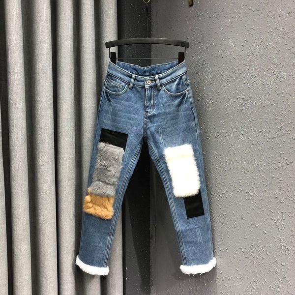 plus velvet thick jeans women's trend european station 2020 winter new loose thin hair patch straight pants, Blue 
plus velvet thick jeans women's trend european station 2020 winter new loose thin hair patch straight pants, Blue