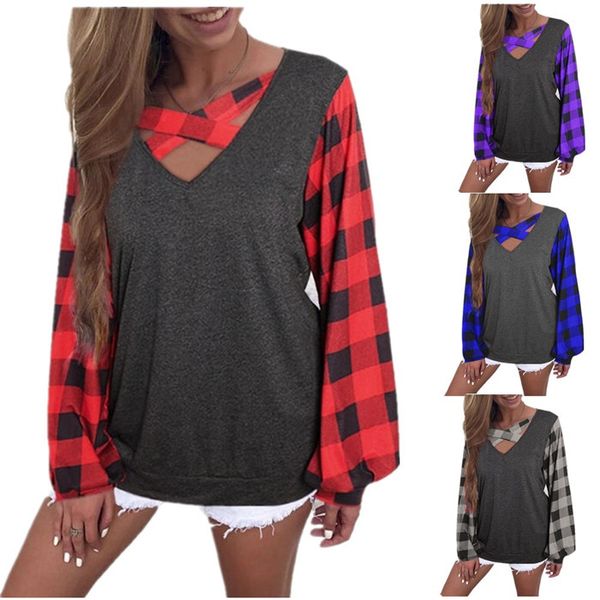 plus size plaid tshirts womens v neck lantern sleeve clothing casual loose women designer t shirts, White
plus size plaid tshirts womens v neck lantern sleeve clothing casual loose women designer t shirts, White