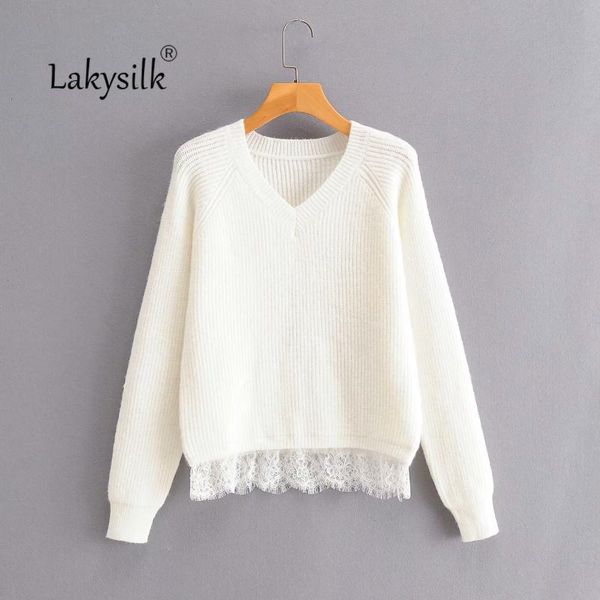 women's sweaters white 2021 autumn winter fashion warm knitted jumpers female v-neck full sleeve lace spliced casual loose pullovers, White;black
women's sweaters white 2021 autumn winter fashion warm knitted jumpers female v-neck full sleeve lace spliced casual loose pullovers, White;black