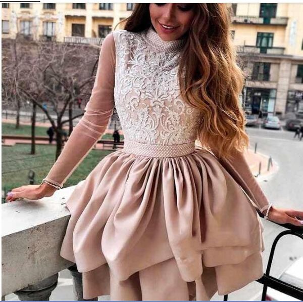 blush pink short homecoming dresses high neck long sleeves prom gowns back zipper tiered knee-length custom made formal party gowns, Red
blush pink short homecoming dresses high neck long sleeves prom gowns back zipper tiered knee-length custom made formal party gowns, Red