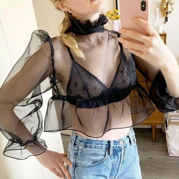 women sheer mesh see through high flower neck backless bow knot tied crop club puff long sleeve shirt blouse, White 
women sheer mesh see through high flower neck backless bow knot tied crop club puff long sleeve shirt blouse, White