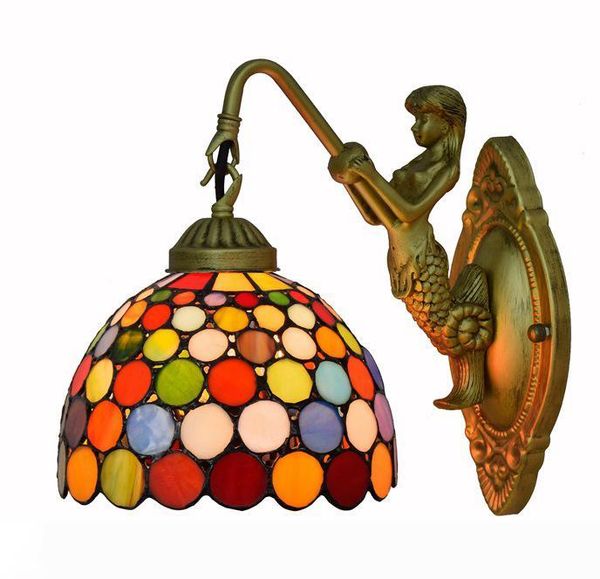 

Tiffany Style Wall Lamp Fixture European Retro Stained Glass Wall Light With Mermaid Design Resin Base