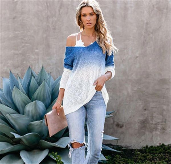 gradient v neck knitted women sweater designer elegant long sleeve spray fashion trend female beach style plus size knitted tee, White
gradient v neck knitted women sweater designer elegant long sleeve spray fashion trend female beach style plus size knitted tee, White