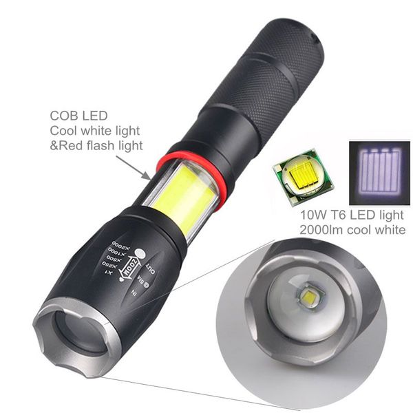 

flashlights torches gm powerful 10w 5-mode white & red light t6 cob led waterproof zoom 18650 torch with magnet bottom