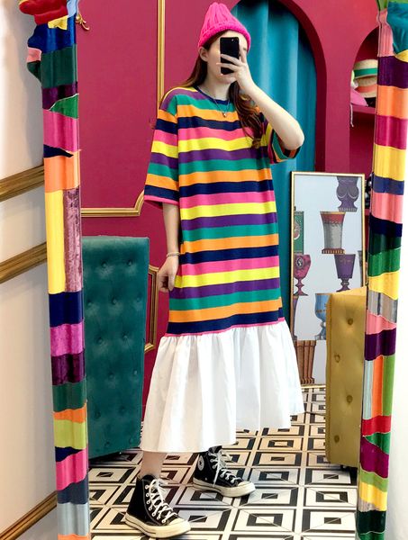 2020 spring korea chic sweet rainbow colorful striped ruffles dress women summer half sleeve long t-shirt dress female cotton street dress, Black;gray
2020 spring korea chic sweet rainbow colorful striped ruffles dress women summer half sleeve long t-shirt dress female cotton street dress, Black;gray