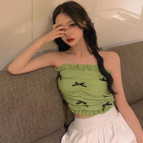 women summer strapless crop tube off the shoulder ruffles ruched bandeau ribbon bowknot wrapped chest bustier, White
women summer strapless crop tube off the shoulder ruffles ruched bandeau ribbon bowknot wrapped chest bustier, White