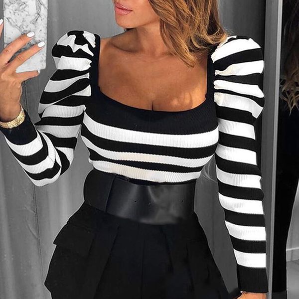 women low cut t shirt black white striped long sleeve tshirt autumn puff sleeve basic blusas square collar fitness party top 
women low cut t shirt black white striped long sleeve tshirt autumn puff sleeve basic blusas square collar fitness party top