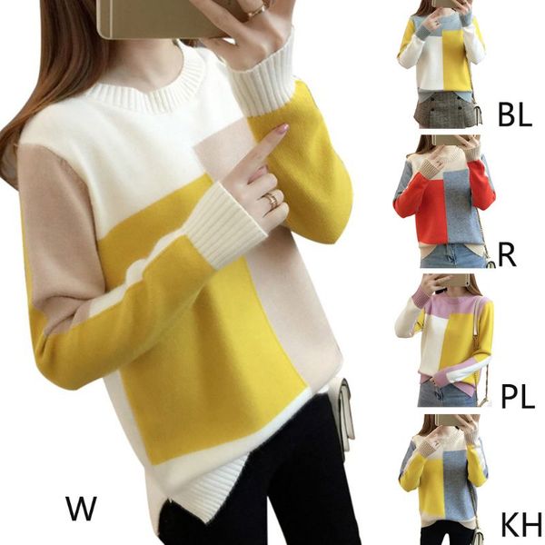 women autumn long sleeve knitted sweater geometric color block patchwork pullover o-neck casual loose basic jumpers, White;black
women autumn long sleeve knitted sweater geometric color block patchwork pullover o-neck casual loose basic jumpers, White;black