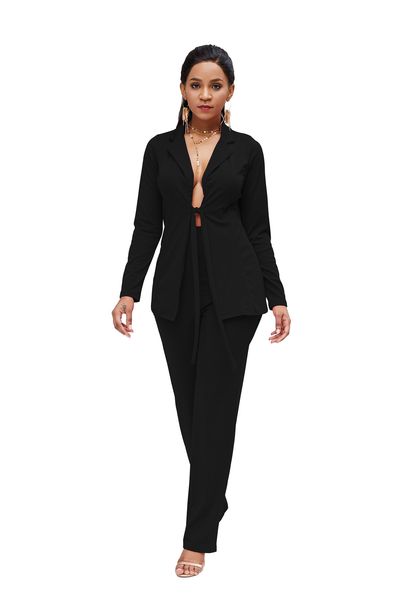 womens solid two piece pants lapel neck bandage long sleeve suit high waist trousers famale 2pcs suit, White
womens solid two piece pants lapel neck bandage long sleeve suit high waist trousers famale 2pcs suit, White