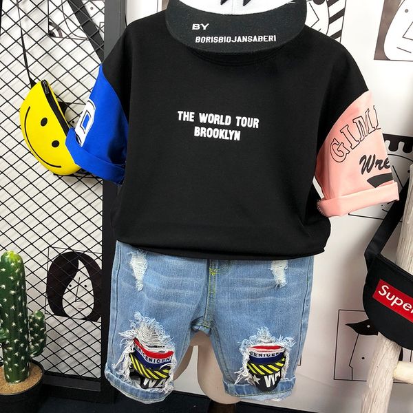 2019 summer clothes children's short-sleeved t- cotton boys' loose t-shirt scarf clothing headscarf base shirt stitching top, Blue
2019 summer clothes children's short-sleeved t- cotton boys' loose t-shirt scarf clothing headscarf base shirt stitching top, Blue
