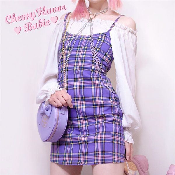 stylish plaid suspender dress, White;black