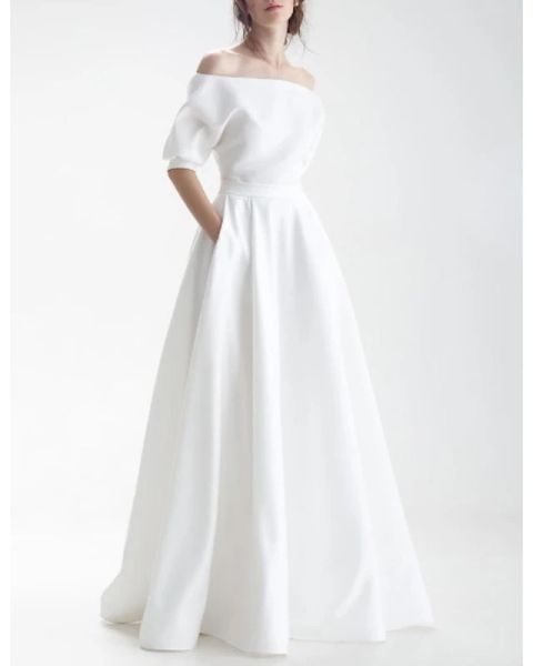 a-line wedding dresses off shoulder sweep / brush train chiffon over satin half sleeve simple with sashes / ribbons bow(s), White
a-line wedding dresses off shoulder sweep / brush train chiffon over satin half sleeve simple with sashes / ribbons bow(s), White