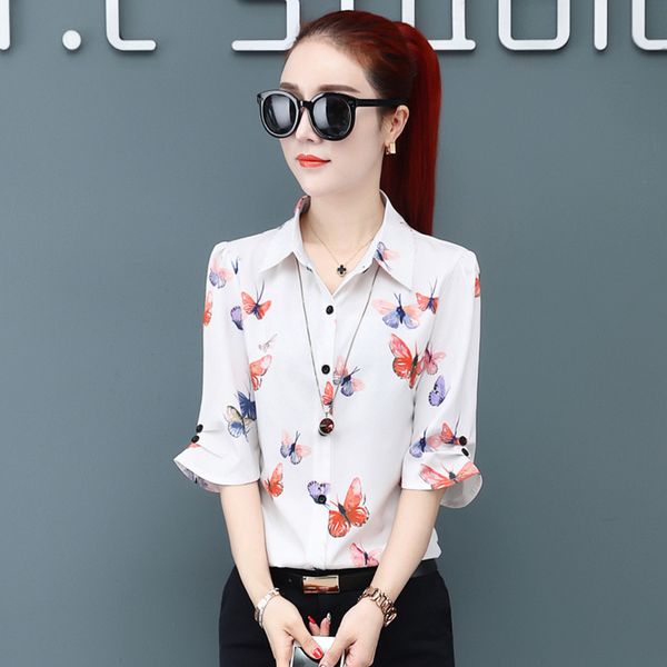women's dress shirt butterfuly three quarter sleeve blouse women chiffon office ladies turn-down collar fitness woman clothing, White
women's dress shirt butterfuly three quarter sleeve blouse women chiffon office ladies turn-down collar fitness woman clothing, White