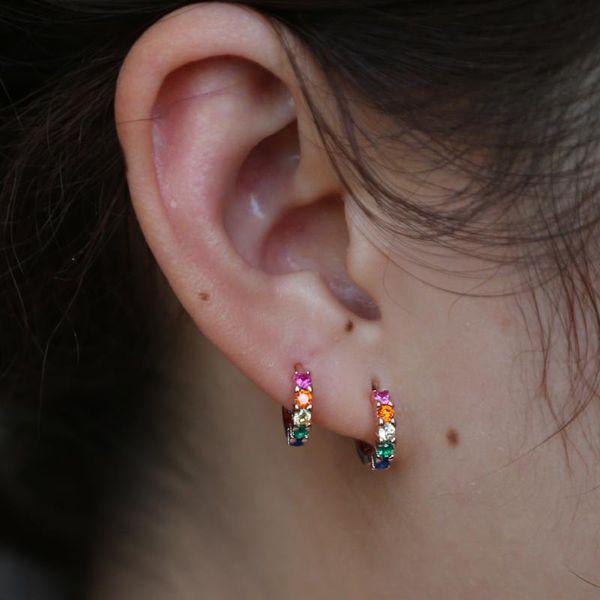 

2020 new arrived 925 sterling silver colorful earring jewelry birthstone micro pave cz colored rainbow dainty mini hoop earrings, Golden